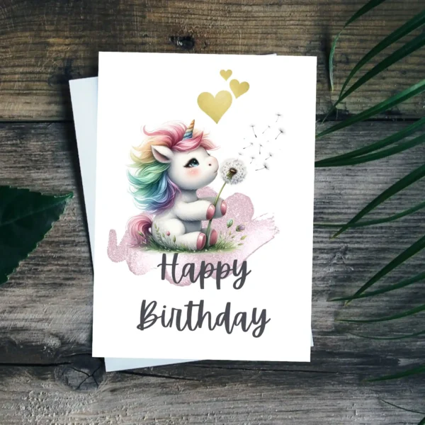 Whimsical unicorn blowing dandelion seeds