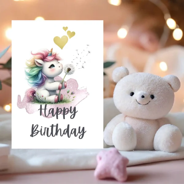 nicorn with rainbow hair blowing a dandelion