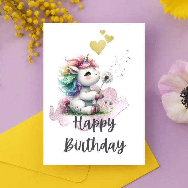 Printable unicorn card with soft pastel colors