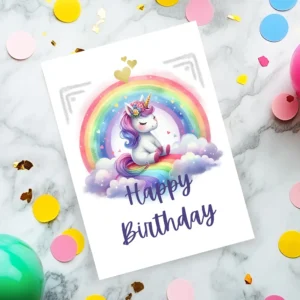 Sleepy unicorn sitting on a rainbow card