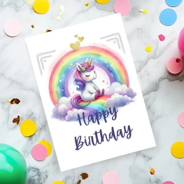 Sleepy unicorn sitting on a rainbow card