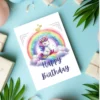 Rainbow-haired unicorn in clouds birthday card
