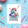 Sitting unicorn birthday card with hearts and stars