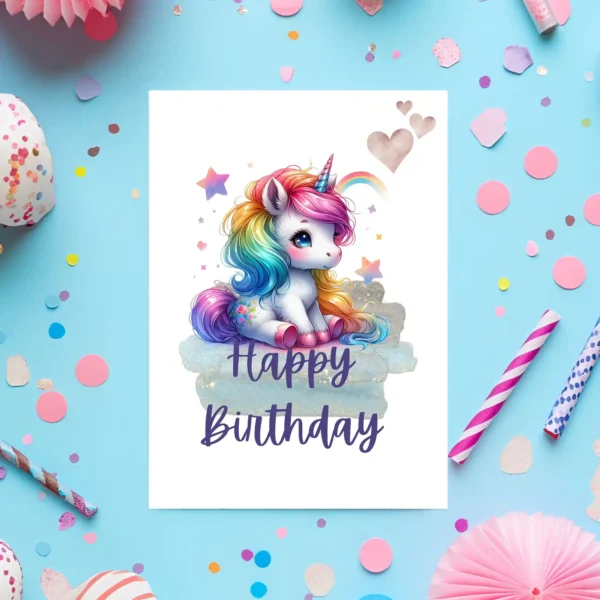 Sitting unicorn birthday card with hearts and stars