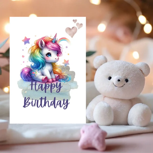 Kids birthday card with fantasy unicorn design