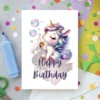 Sitting unicorn birthday printable with bubbles