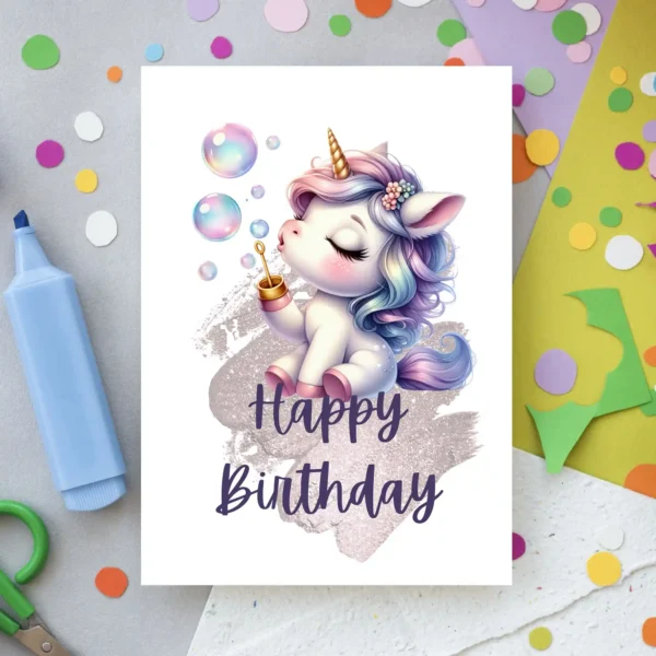Sitting unicorn birthday printable with bubbles