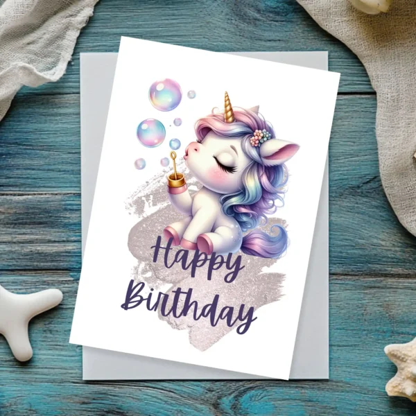 Fantasy unicorn card for kids’ birthdays