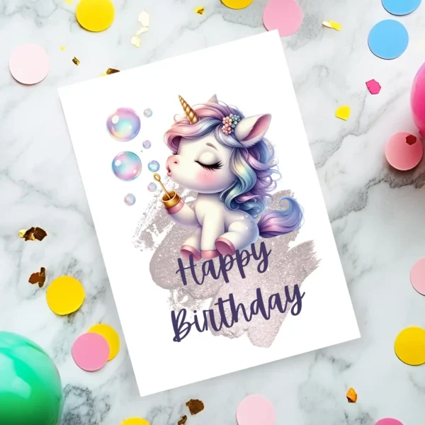 Printable Unicorn Birthday Card Soap Bubbles | Instant Download