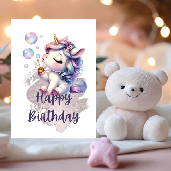 Cute unicorn making bubbles for birthday