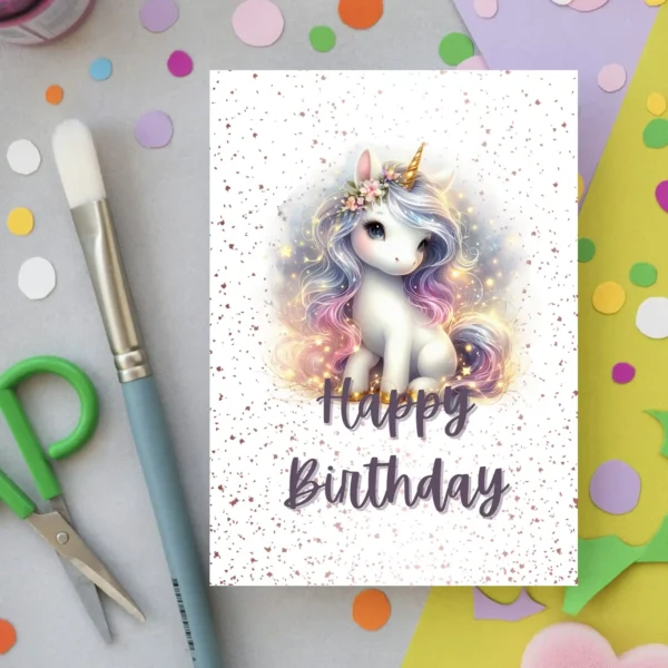 Glittery unicorn birthday card with floral hair