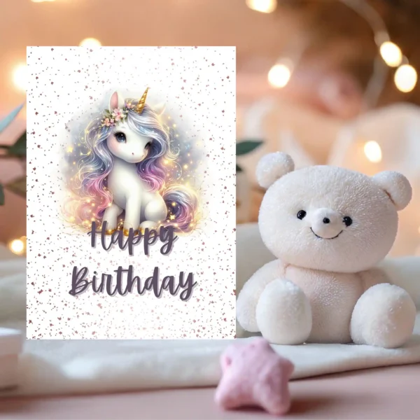 Fantasy birthday card with flower crown unicorn