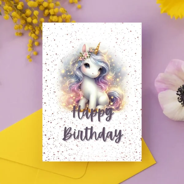 Printable unicorn card with glitter and charm