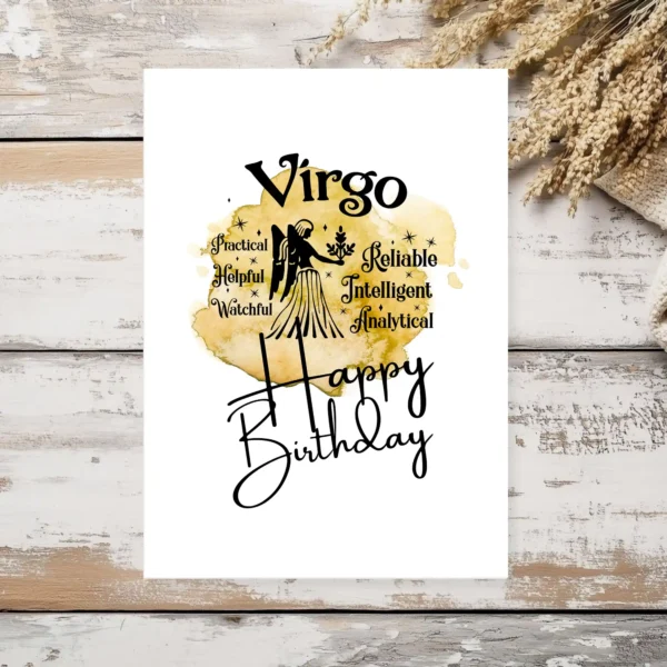 Virgo birthday card showcasing character traits, designed with a vibrant yellow watercolor background for earth signs.