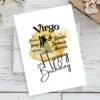 Cheerful Virgo birthday card with character traits, featuring a sunny yellow watercolor background representing earth.