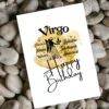Printable birthday card for Virgo, highlighting traits on a bright yellow watercolor backdrop symbolizing the earth element.