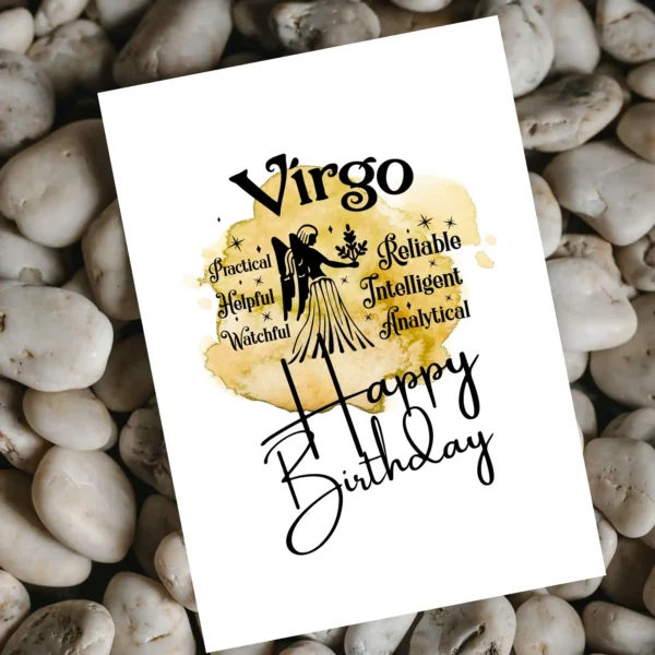 Printable birthday card for Virgo, highlighting traits on a bright yellow watercolor backdrop symbolizing the earth element.