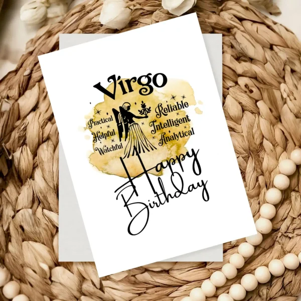 Printable Virgo birthday card featuring character traits on a yellow watercolor background for the earth element.