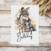 Printable birthday card with a joyful wolf and pub in watercolor, adorned with a "Happy Birthday" greeting.