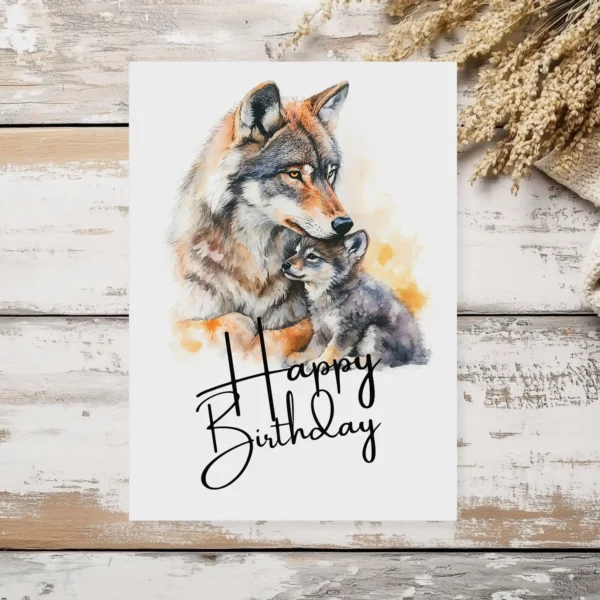 Printable birthday card with a joyful wolf and pub in watercolor, adorned with a "Happy Birthday" greeting.