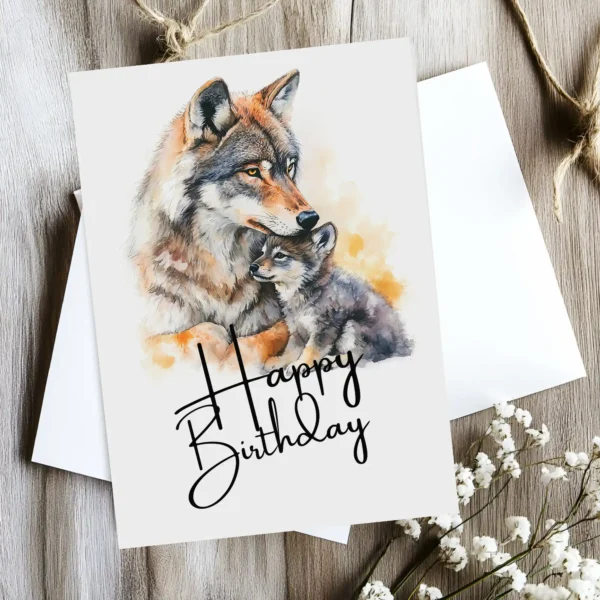 Cheerful watercolor card showing a wolf and pub, celebrating with a "Happy Birthday" message.