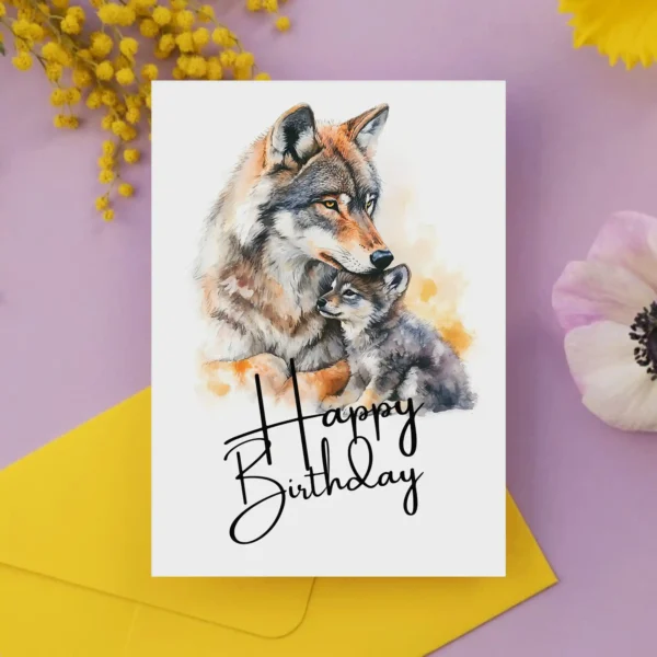 Happy birthday card design featuring a wolf mother and her pub in a colorful watercolor style.