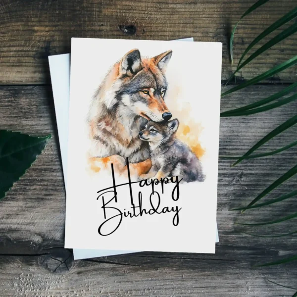 Watercolor illustration of a wolf and pub on a birthday card, complete with a cheerful "Happy Birthday" text.