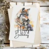 Watercolor birthday card featuring a happy wolf mother and pub with a "Happy Birthday" message.