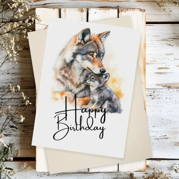 Watercolor birthday card featuring a happy wolf mother and pub with a "Happy Birthday" message.