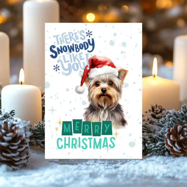 Digital Christmas card featuring a Yorkshire Terrier in Santa hat