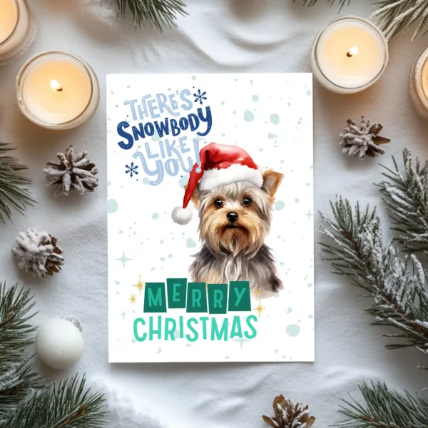 Cute Yorkie printable holiday card with snow and cheerful message