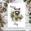 Adorable watercolor raccoon greeting card for Mother's Day, showcasing a sweet woodland theme and warm wishes.