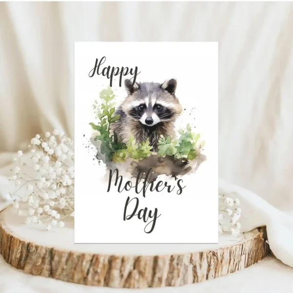 Cute watercolor raccoon on a Mother's Day card, designed with woodland motifs for a heartfelt celebration of moms.