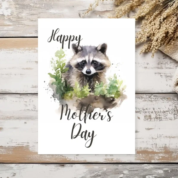 Watercolor raccoon illustration on a Mother's Day card, featuring woodland elements and a heartfelt greeting.