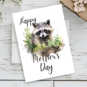 Charming watercolor raccoon on a printable Mother's Day card, surrounded by woodland themes and a loving message.