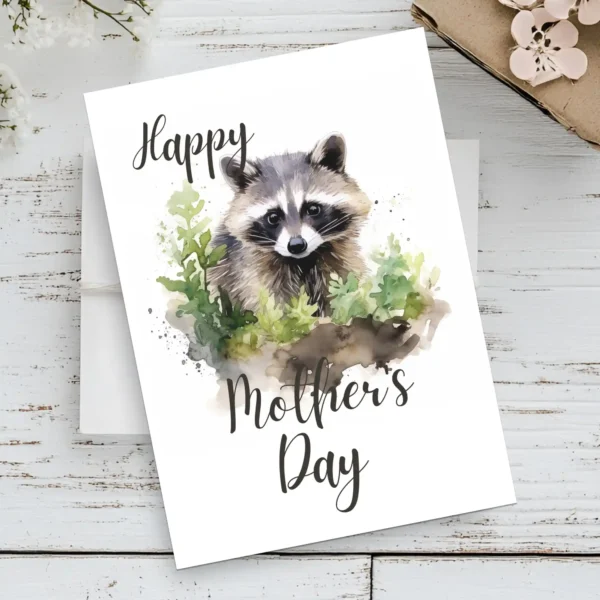 Charming watercolor raccoon on a printable Mother's Day card, surrounded by woodland themes and a loving message.