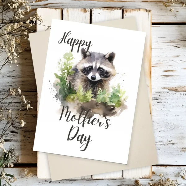 Whimsical watercolor raccoon design for a Mother's Day card, perfect for celebrating moms in a woodland setting.