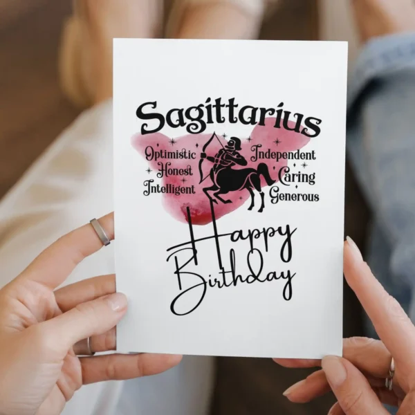 Colorful Sagittarius birthday card showcasing traits on a red watercolor backdrop, symbolizing the fire element.