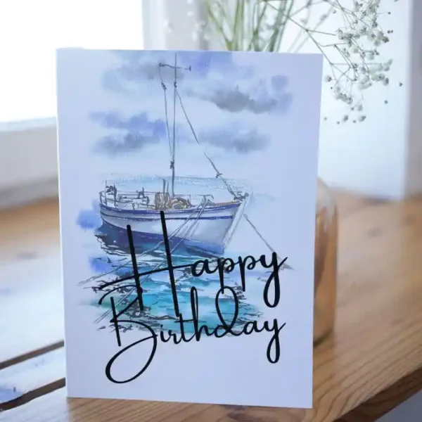Happy birthday card featuring a watercolor sailboat design, ideal for Dad's birthday celebration.