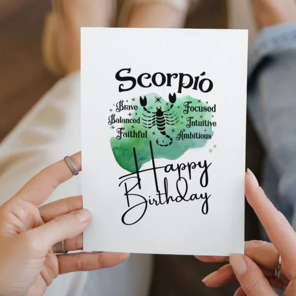 Scorpio-themed birthday card featuring traits, adorned with a green watercolor background representing the water element.