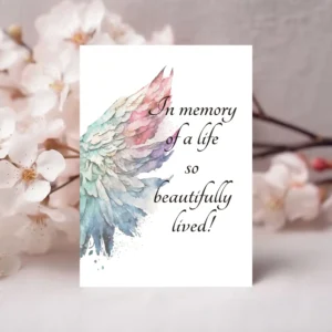 Watercolor angel wings background with the quote about love and grief for a printable sympathy card.