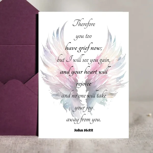 Sympathy card with angel wings and the quote from John 16:22, offering comfort and hope during times of grief.