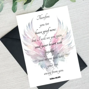 Printable sympathy card featuring angel wings and a comforting biblical quote from John 16:22 about grief and joy.