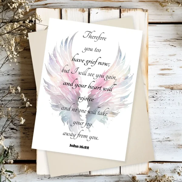 Printable card showing angel wings and a quote from John 16:22, emphasizing hope and joy after grief.