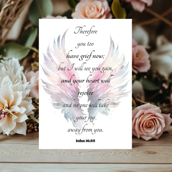 Sympathy card featuring angel wings and a comforting quote from John 16:22, reminding us of joy beyond grief.