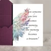 Card design with watercolor angel wings and a heartfelt quote about love and memories as treasures.