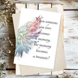 Watercolor angel wings background with the quote, "When someone you love becomes a memory, the memory becomes a treasure."
