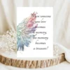Sympathy card featuring watercolor angel wings and the quote about love and memories becoming treasures.