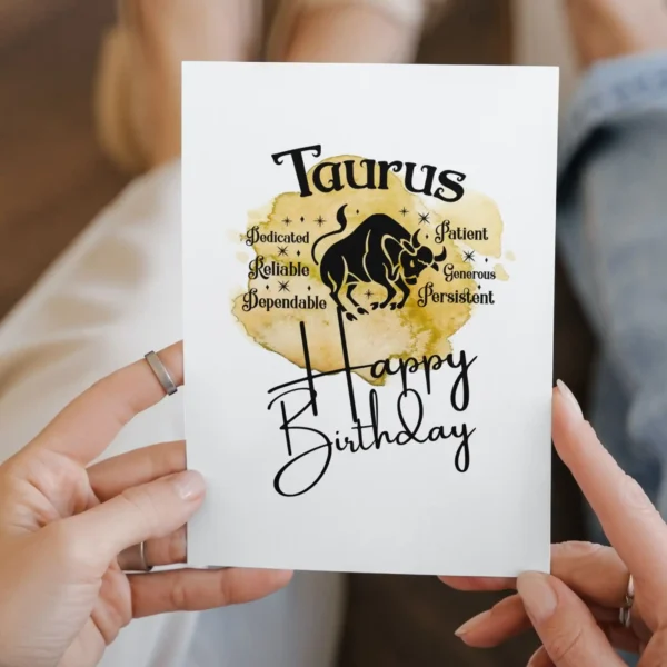 Taurus birthday card highlighting character traits, set on a sunny yellow watercolor background reflecting the earth element.