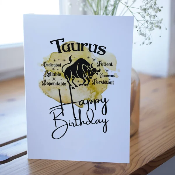 Festive Taurus birthday card with character traits, featuring a bright yellow watercolor background that represents the earth element.